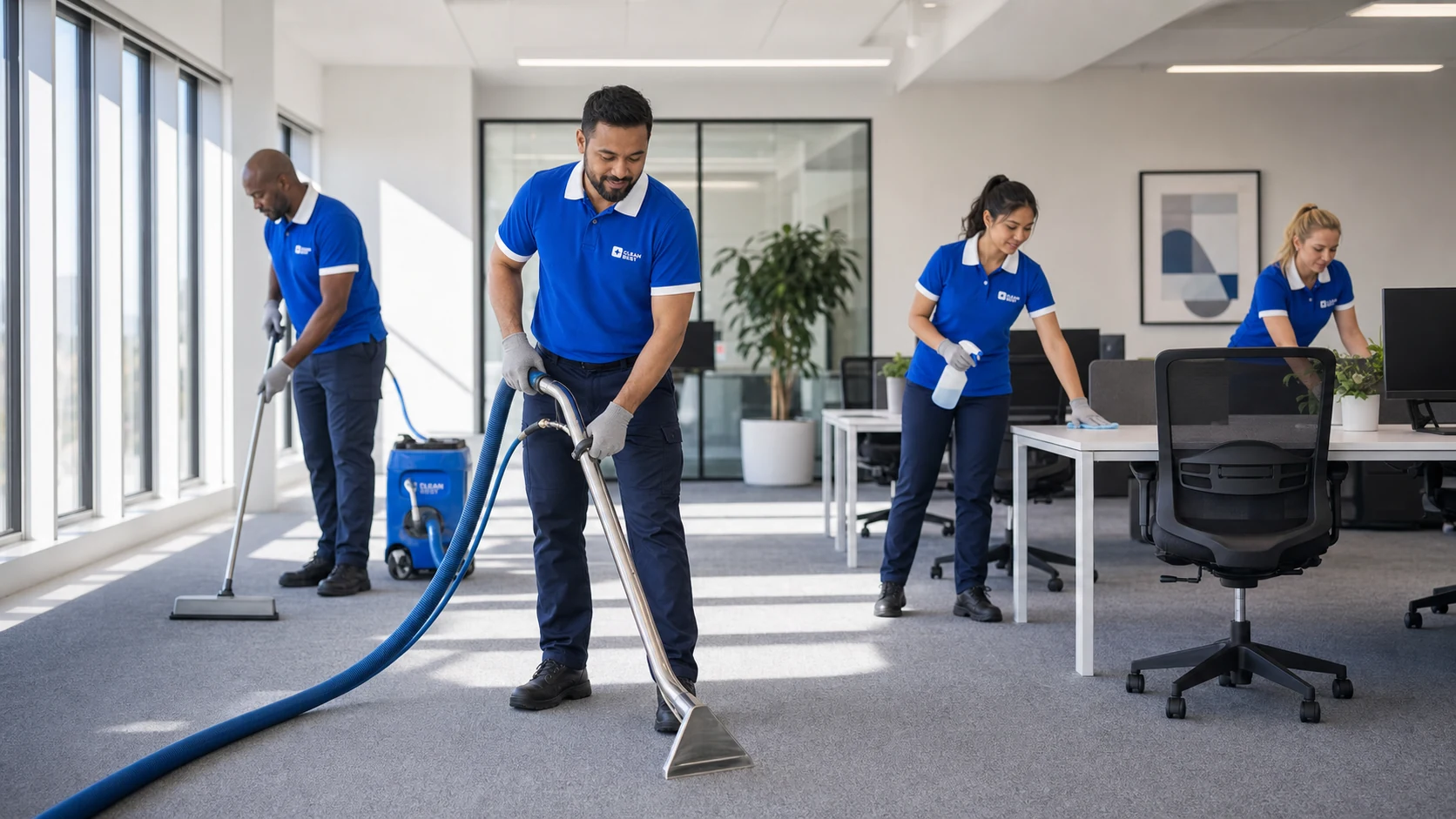Clean Best technician extracting a carpet traffic lane in a Smithfield site office NSW