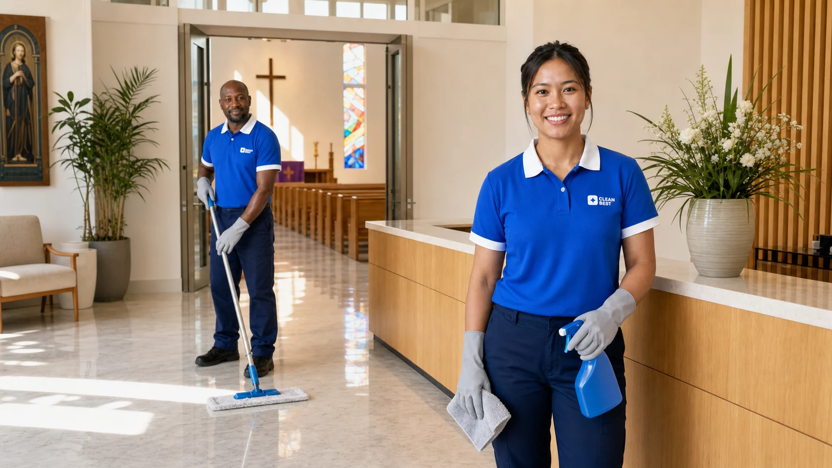 Clean Best cleaner hand-polishing timber pews in a Smithfield NSW place of worship