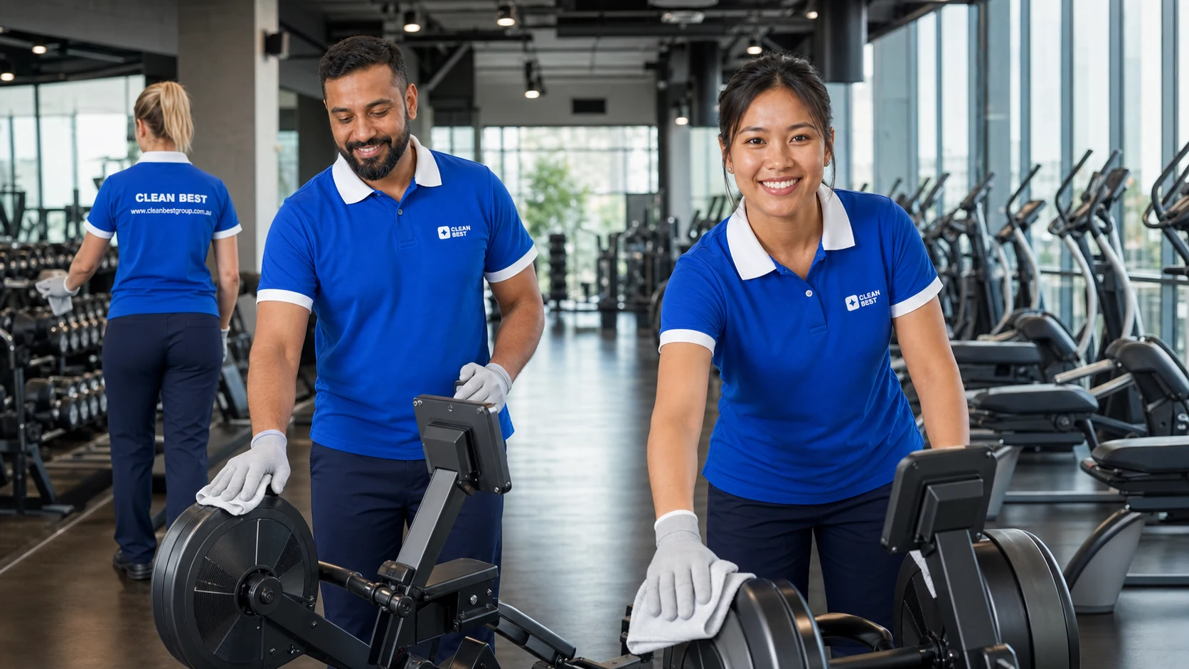 Clean Best cleaner wiping gym equipment before opening in Smithfield NSW