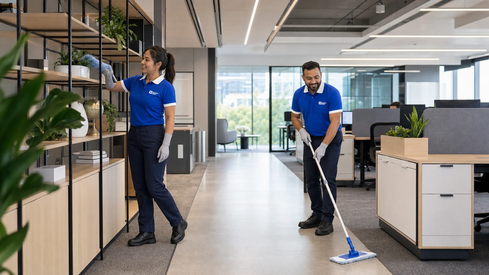 Clean Best cleaner wiping desks in a factory front office in Smithfield NSW