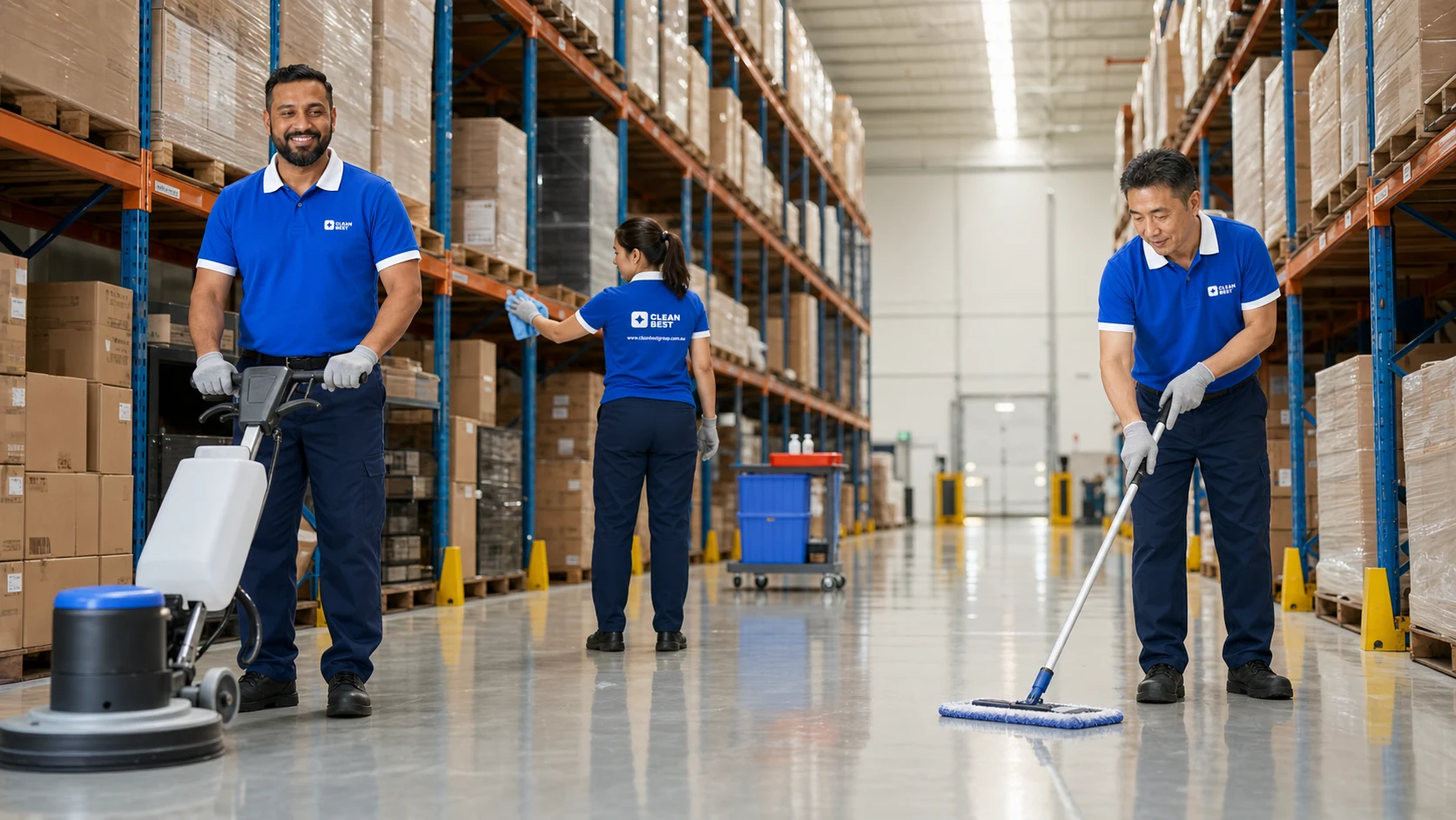 Clean Best operator scrubbing a slab floor between racking in a Smithfield warehouse NSW